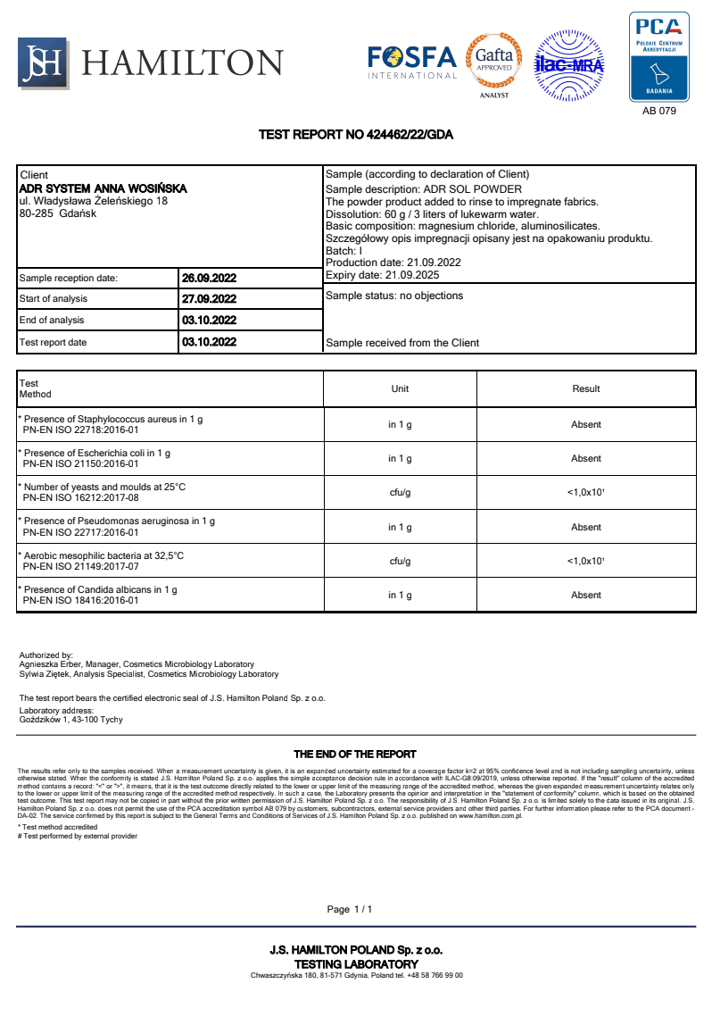 Mikrobiologisk testing av produktet ADR SOL POWDER (nåværende ADR SOL Fabric)